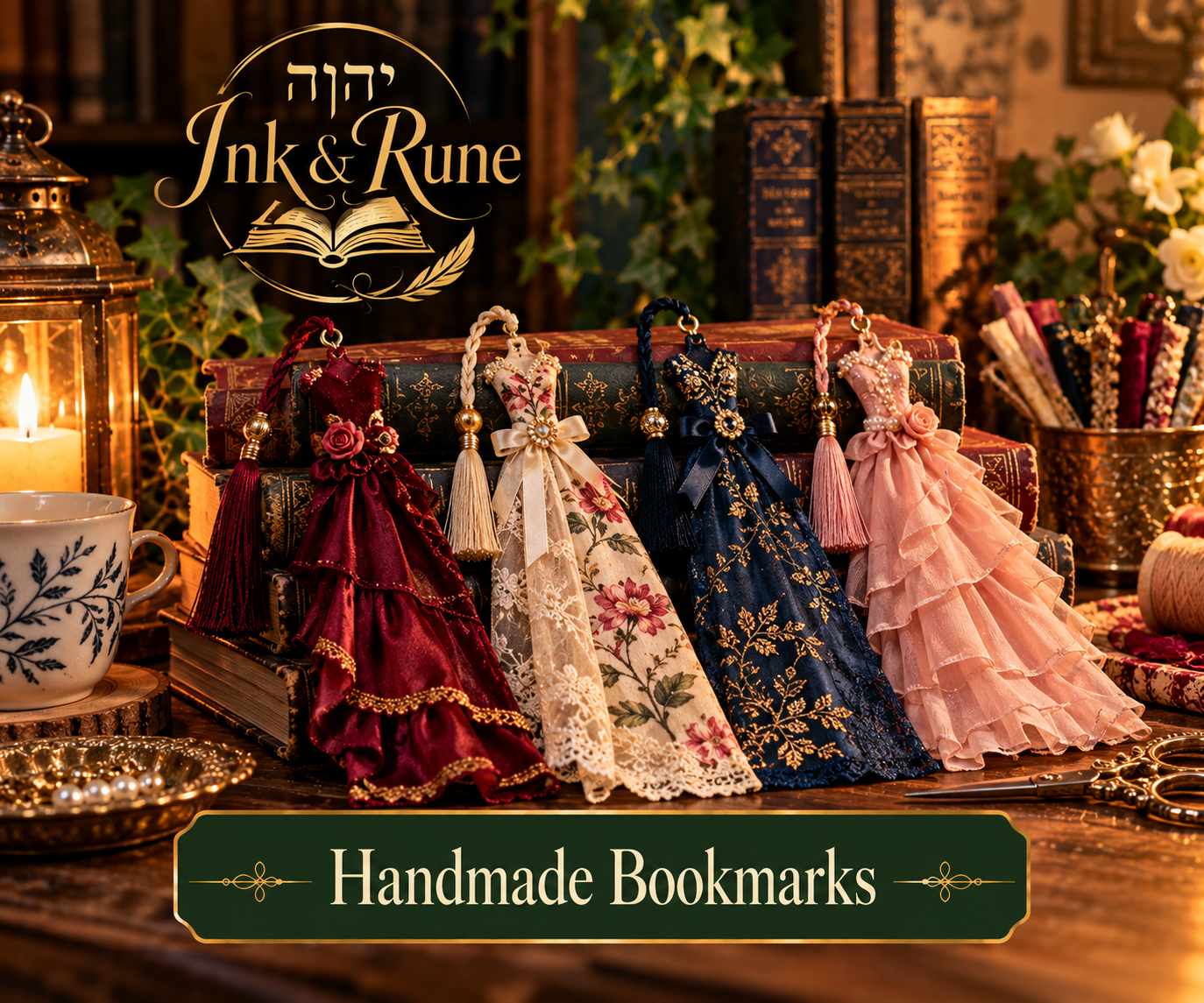 Handmade fabric dress and ball gown bookmarks by Ink & Rune